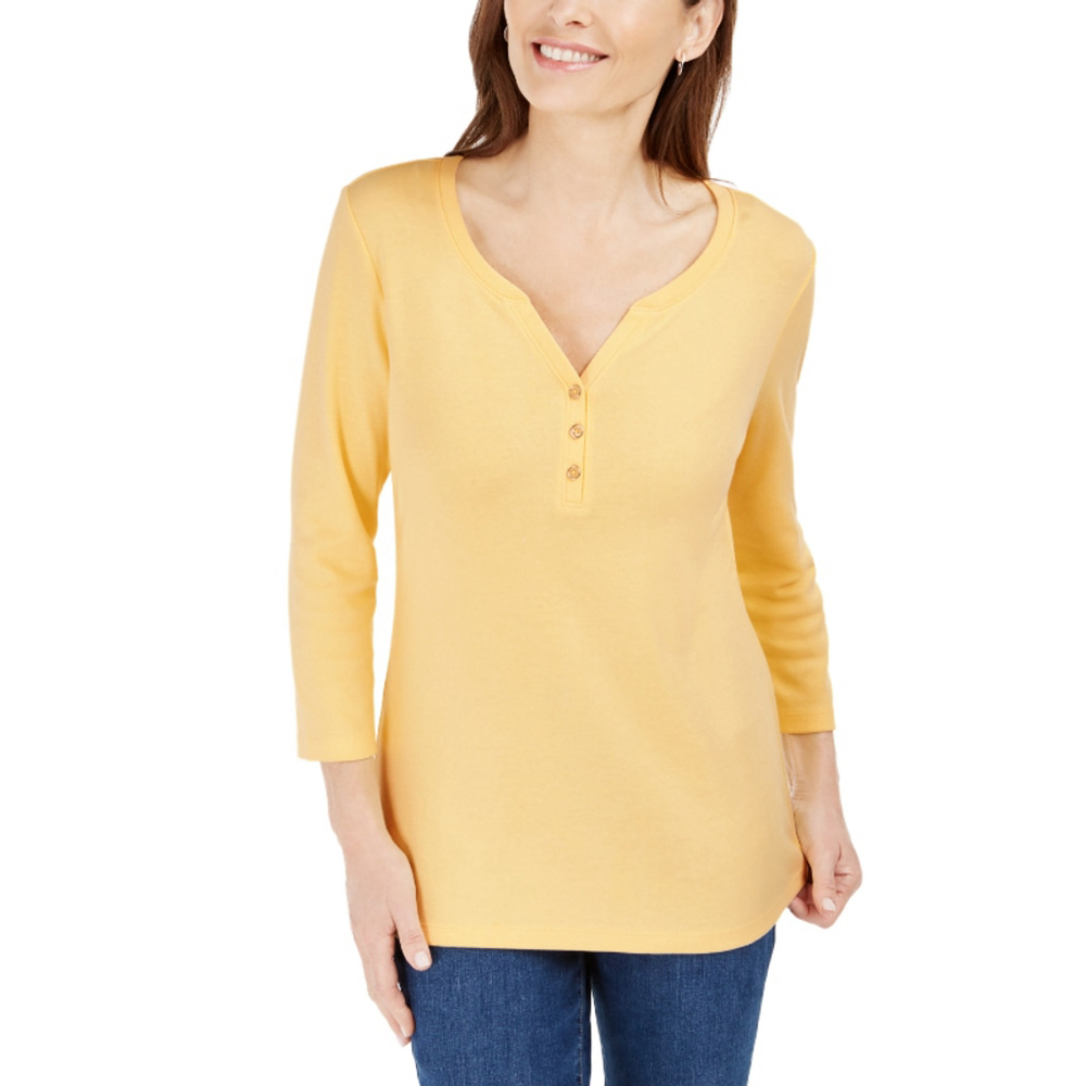 Karen Scott Women's Large Petite 100% Cotton Yellow 3/4-Sleeve Henley Shirt NWT